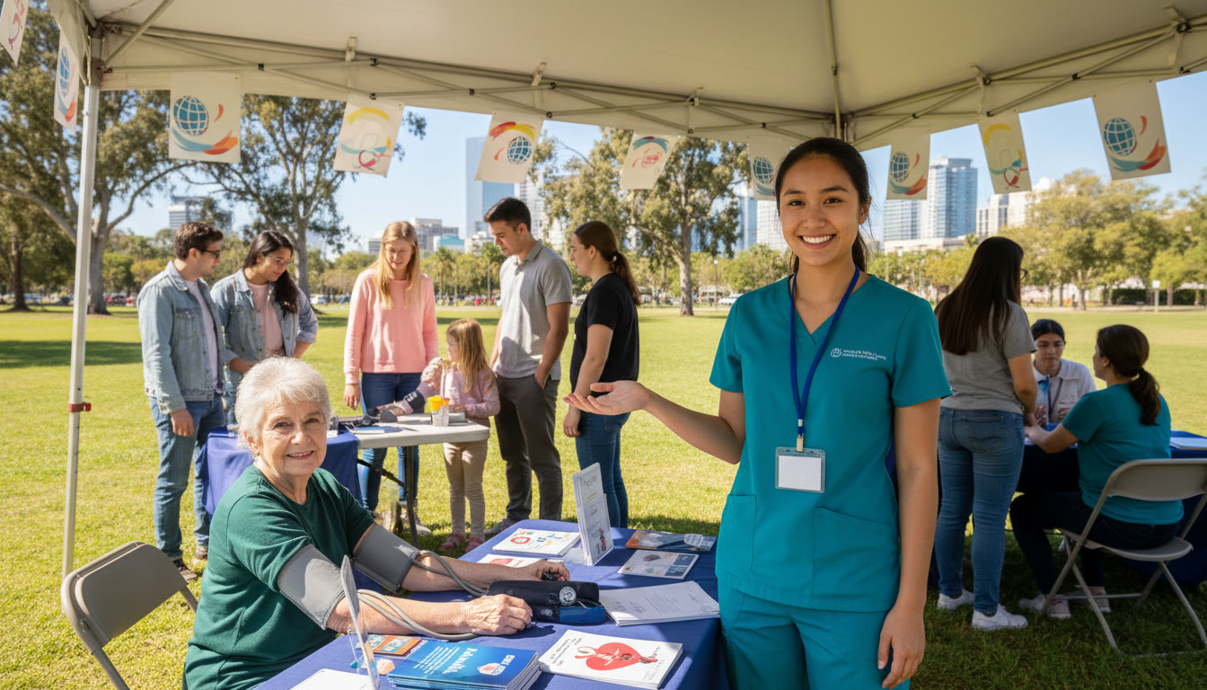 Photo Idea : A student wearing scrubs assisting in a community health fair