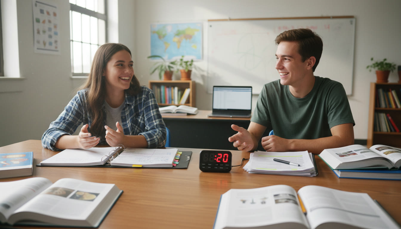 Photo Idea : Two students practicing a mock interview in a classroom with notes and a timer visible