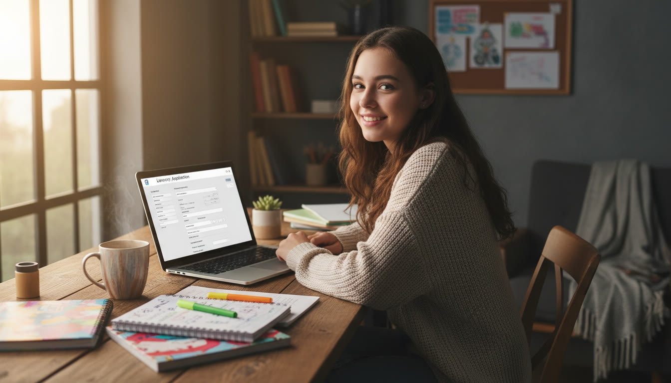 Photo Idea : A focused IB student in a study corner with subject notebooks, a laptop open to a university application form, and a cup of coffee