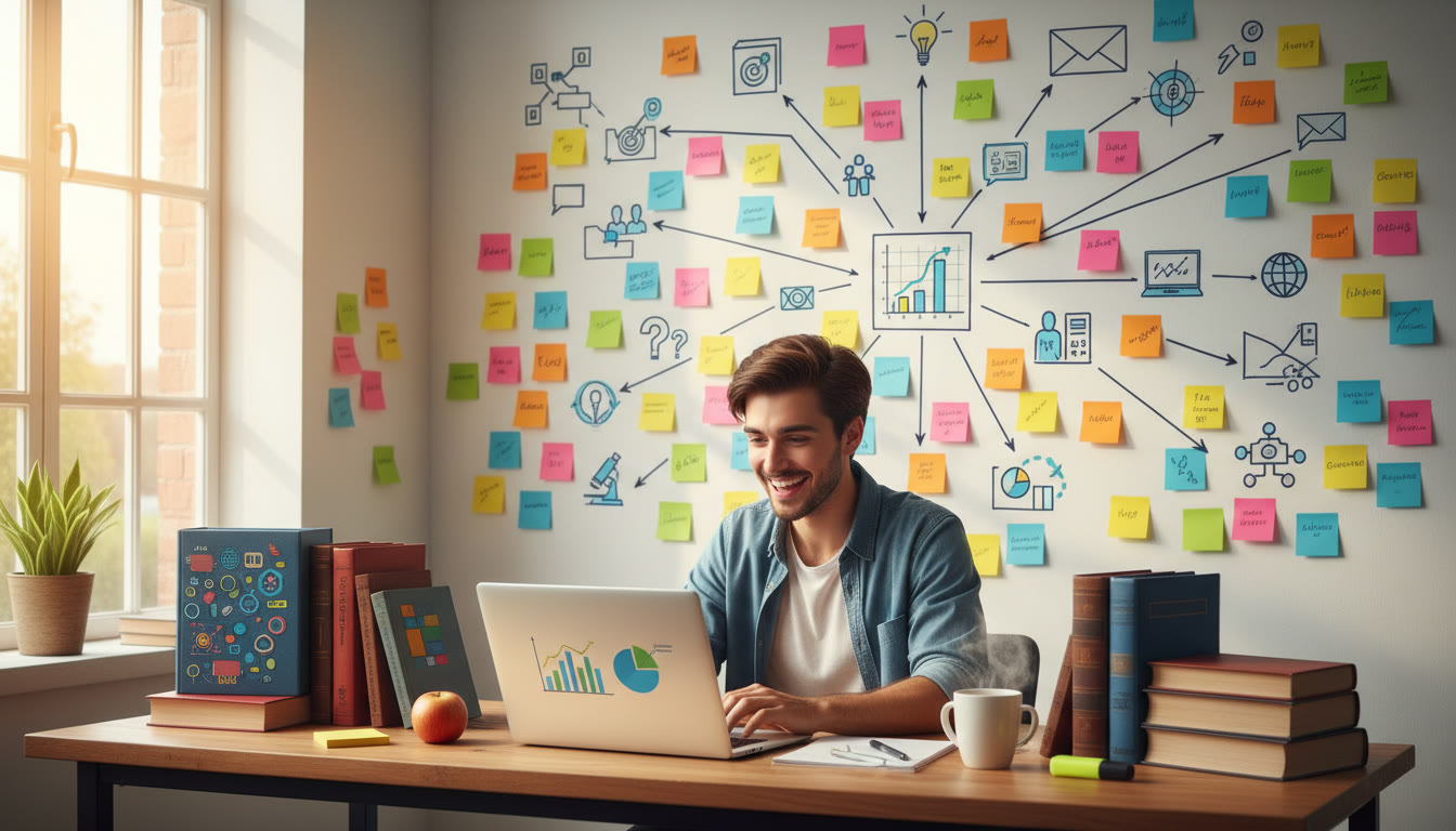Photo Idea : Student at a desk surrounded by IB books, a laptop, and colourful sticky notes mapping career ideas