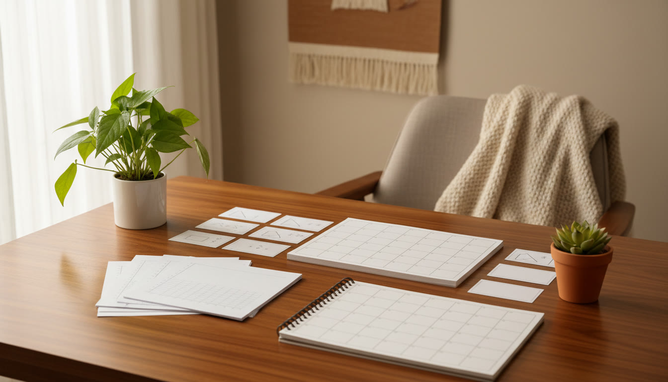 Photo Idea : Neatly organized revision notes, formula cards, and a calendar planner laid out on a study table