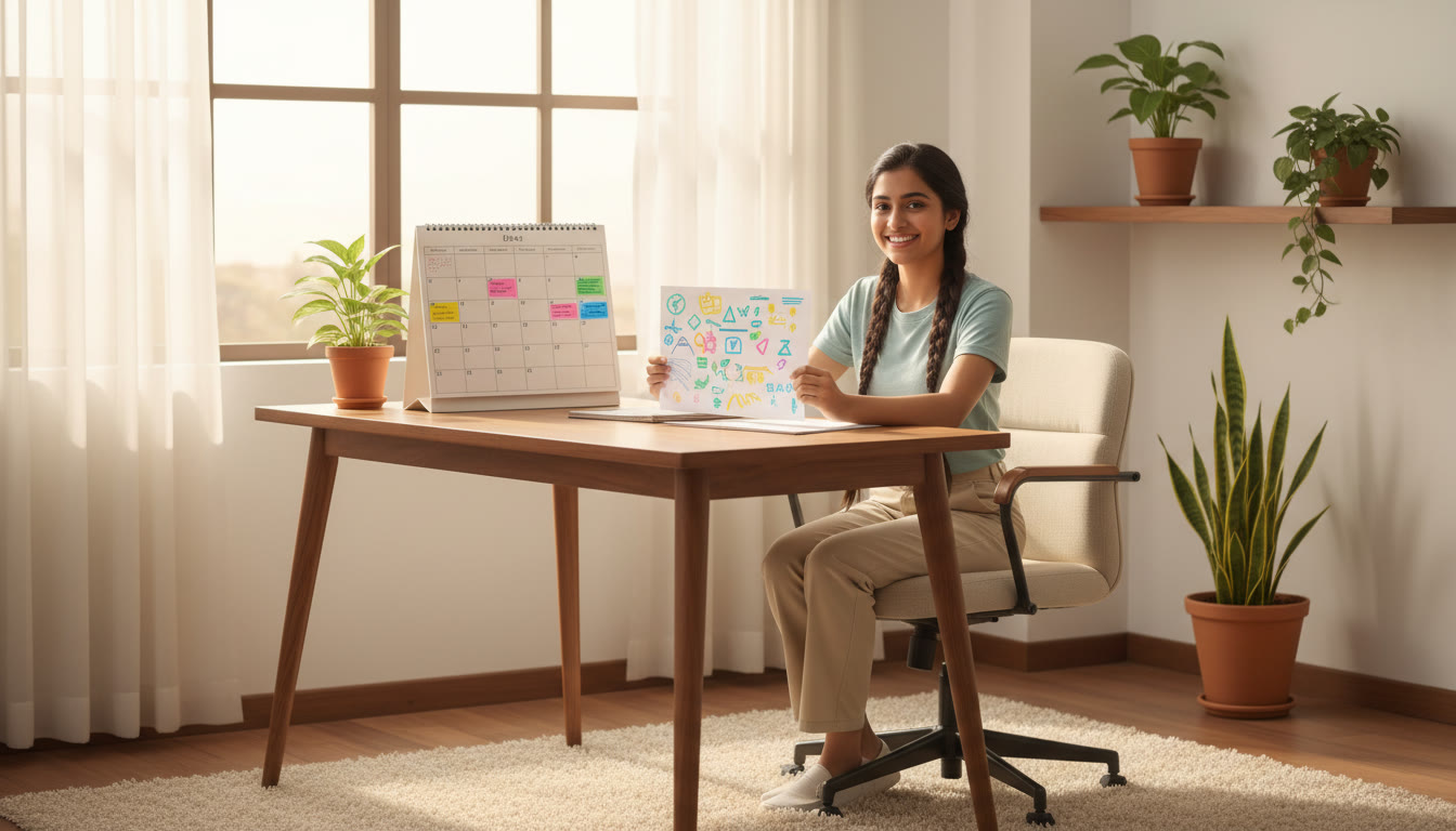 Photo Idea : A student analyzing a marked test paper with colourful notes and a calendar showing a mock schedule