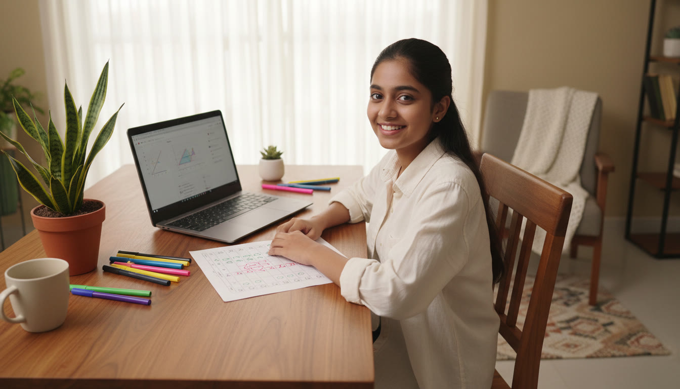 Photo Idea : Student at a study desk with marked answer sheet, colored pens, and a laptop open to a mock test