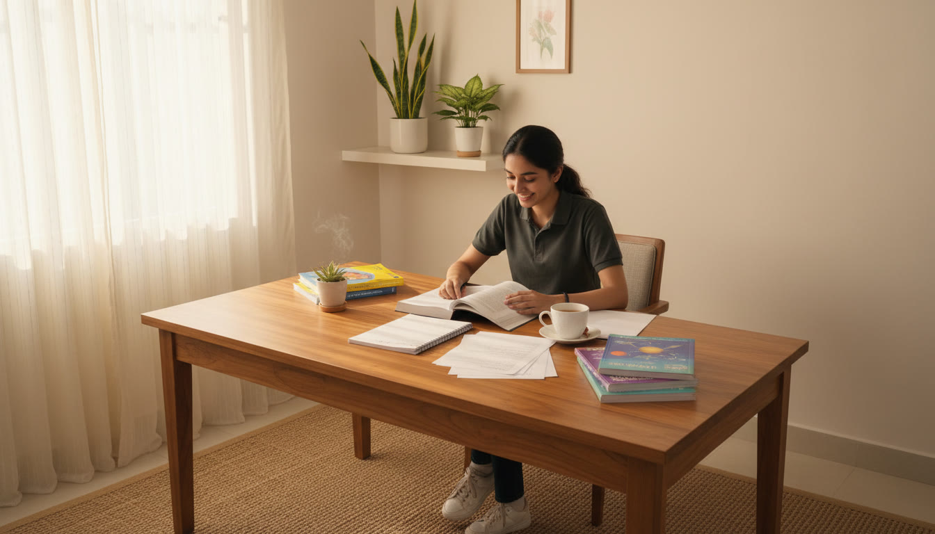 Photo Idea : A focused student at a study desk surrounded by science books, notebooks, and a cup of tea