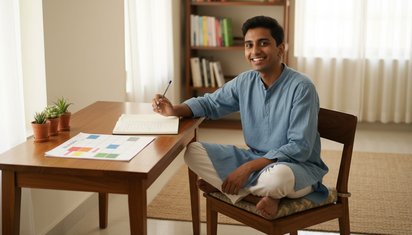 Photo Idea : Student at a tidy desk with a visible weekly timetable and open notebook