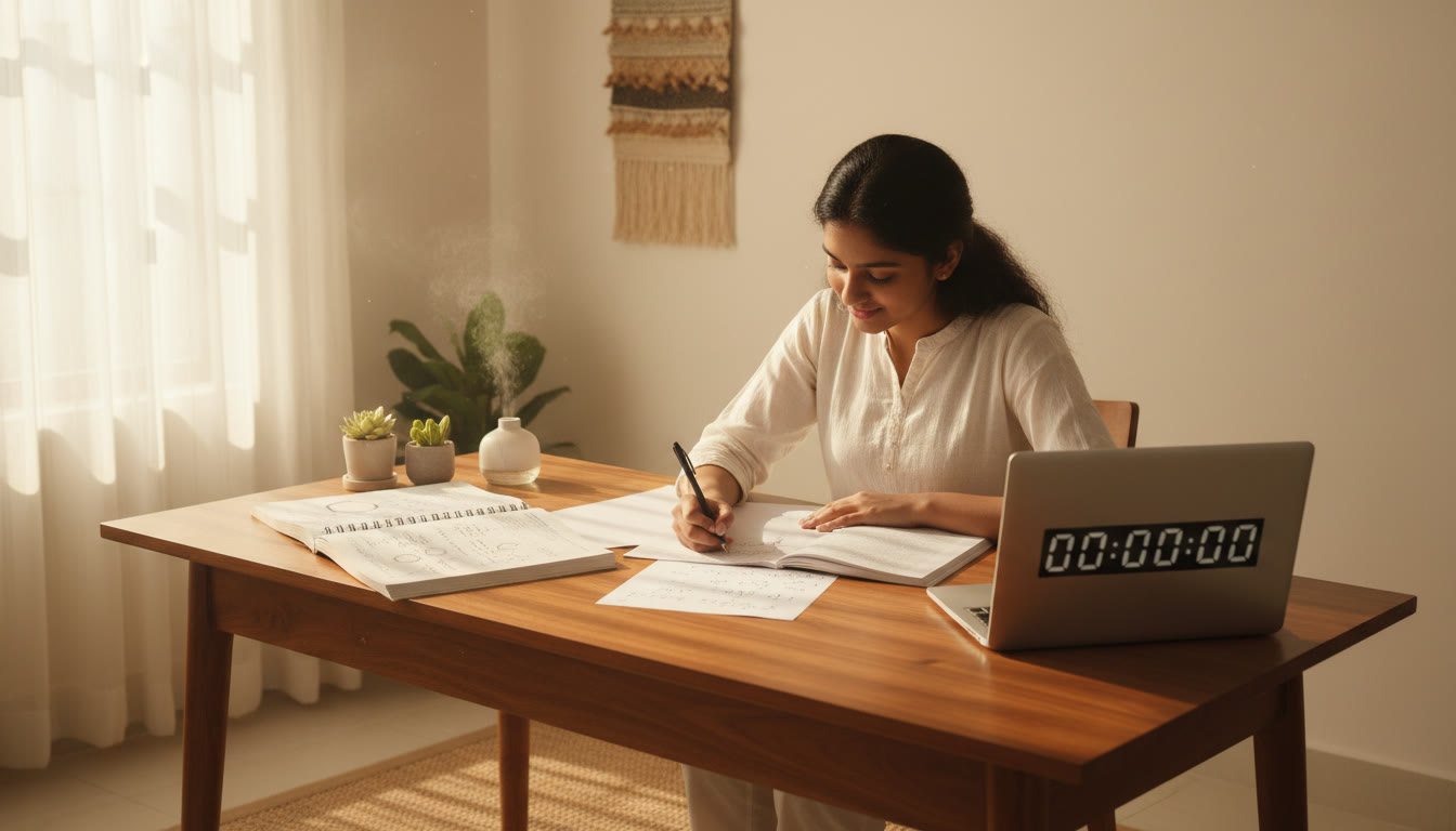 Photo Idea : Student studying at a neat desk with notebooks, a laptop showing a countdown timer, and a hand writing formulae on paper.