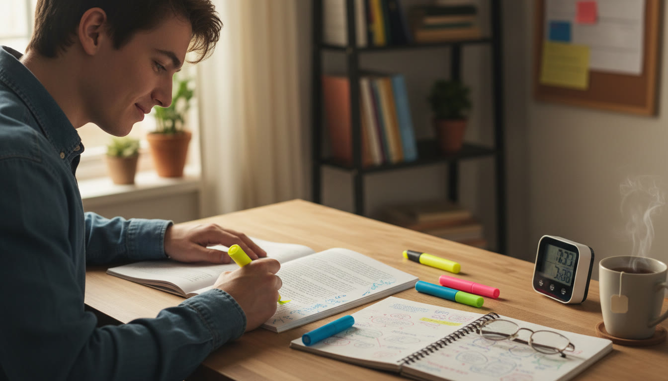 Photo Idea : A focused student annotating a printed passage with colorful highlighters and handwritten notes, a timer and a cup of tea at their side