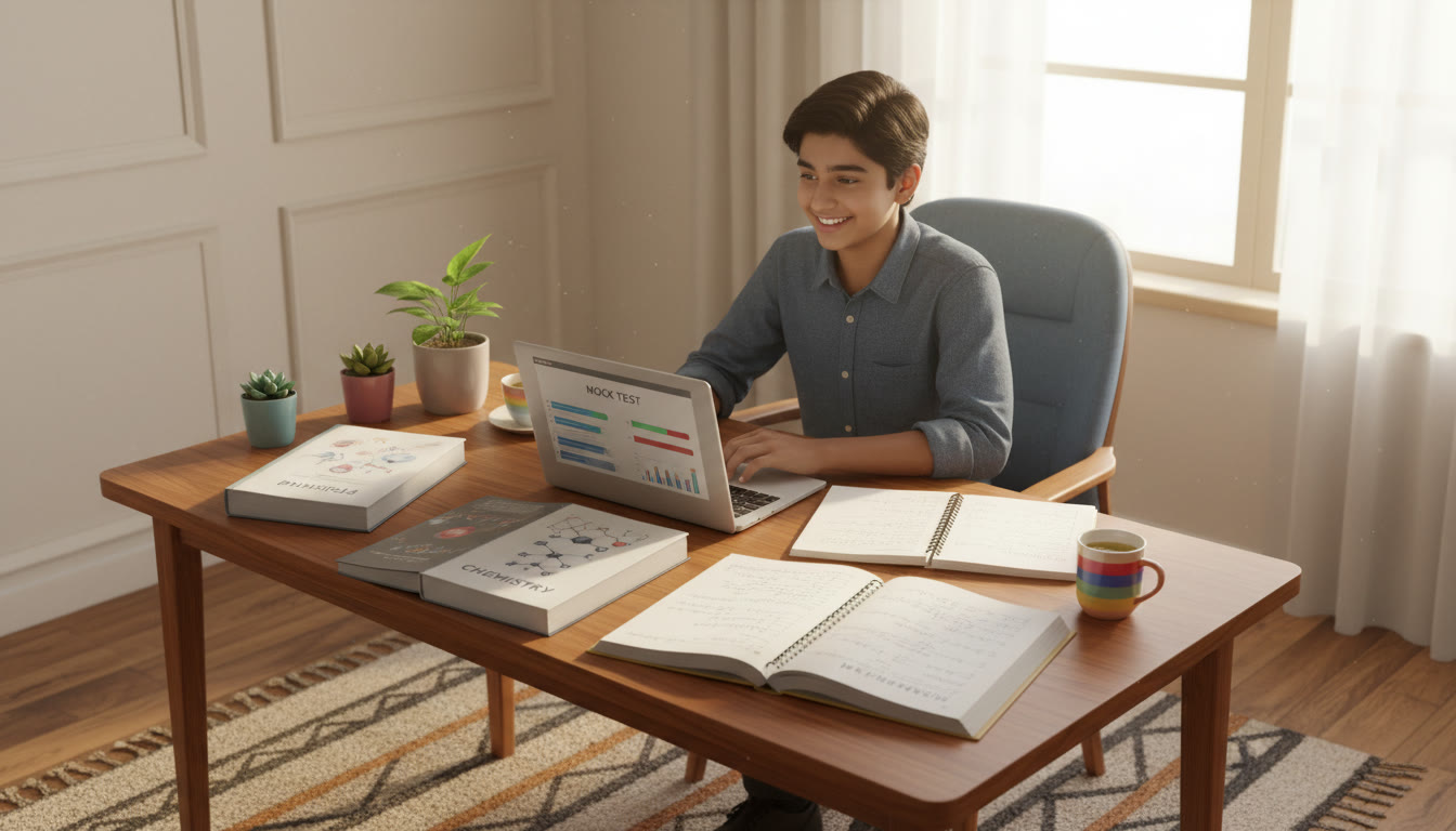 Photo Idea : A focused student studying at a tidy desk with open Physics, Chemistry, and Mathematics books, a laptop showing a mock test, and neatly handwritten notes.