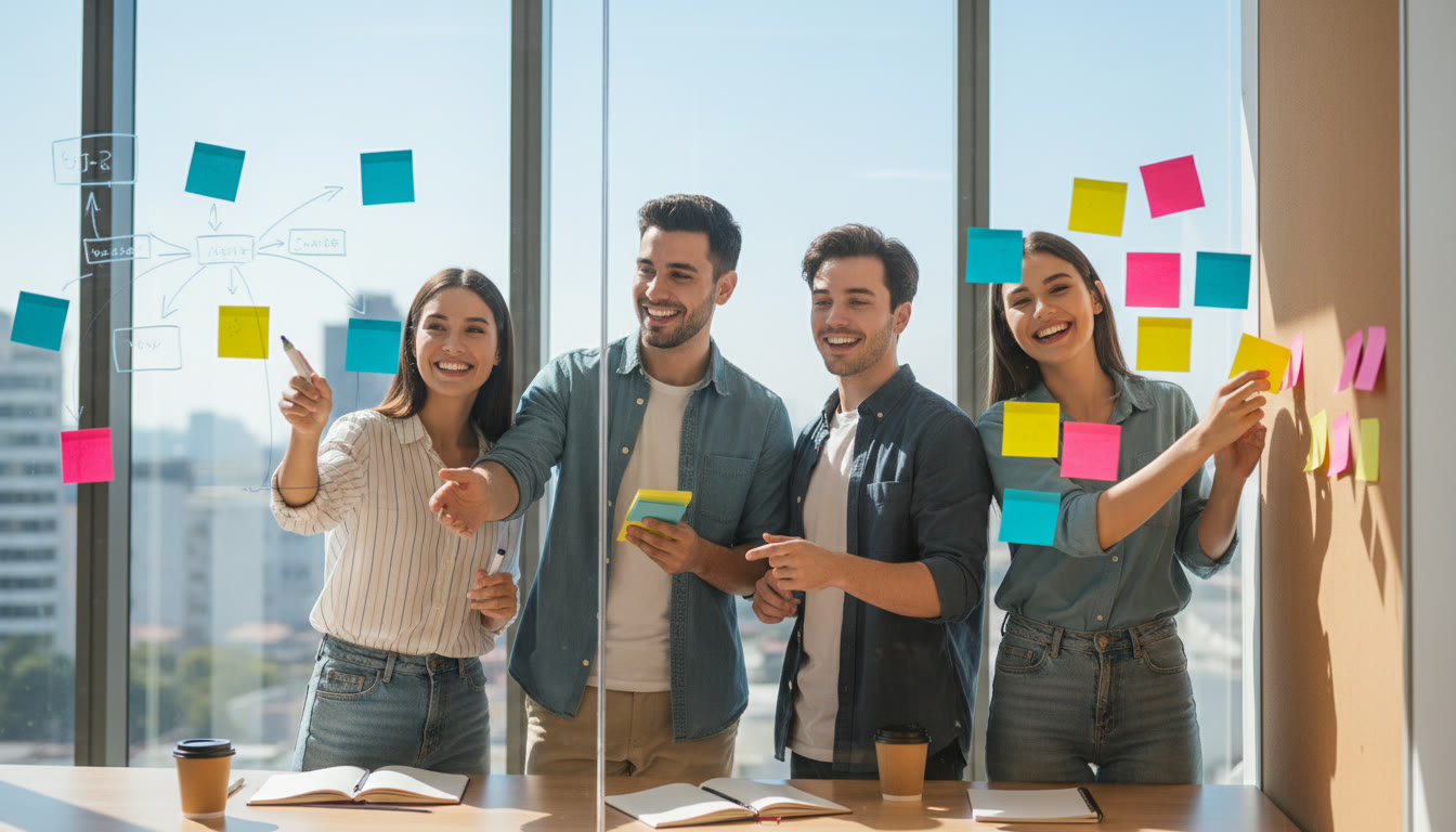 Photo Idea : A small team meeting with whiteboard plans and sticky notes, showing collaboration