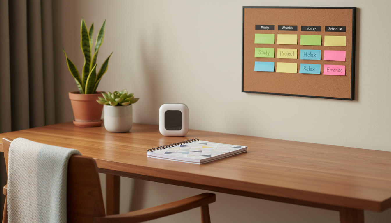 Photo Idea : A neat desk with a printed error-log notebook, a timer, and color-coded sticky notes showing a weekly plan
