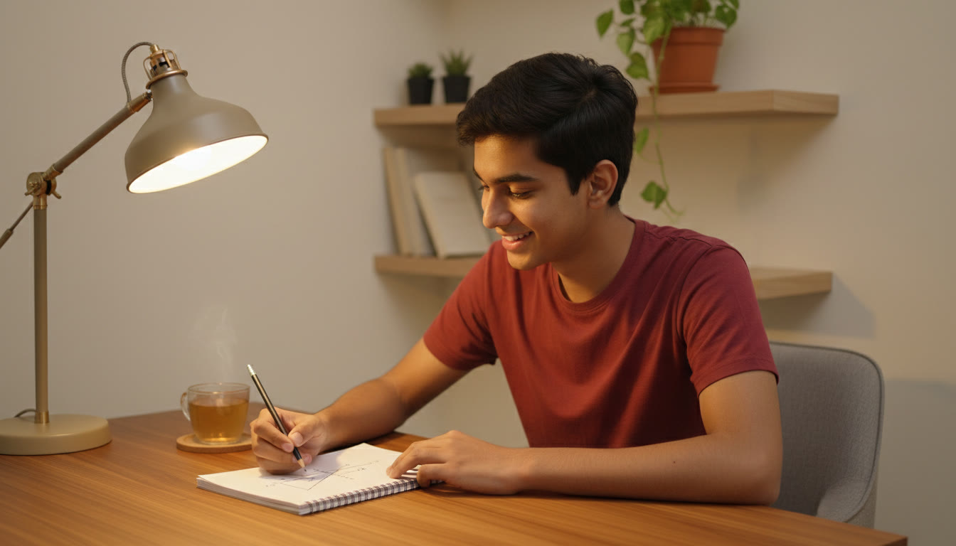 Photo Idea : Student sketching a physics free-body diagram on a notepad under warm desk light