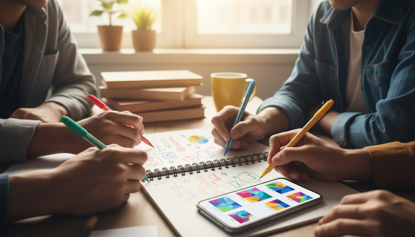Photo Idea : student hands annotating a notebook page with colored pens next to a smartphone showing flashcards