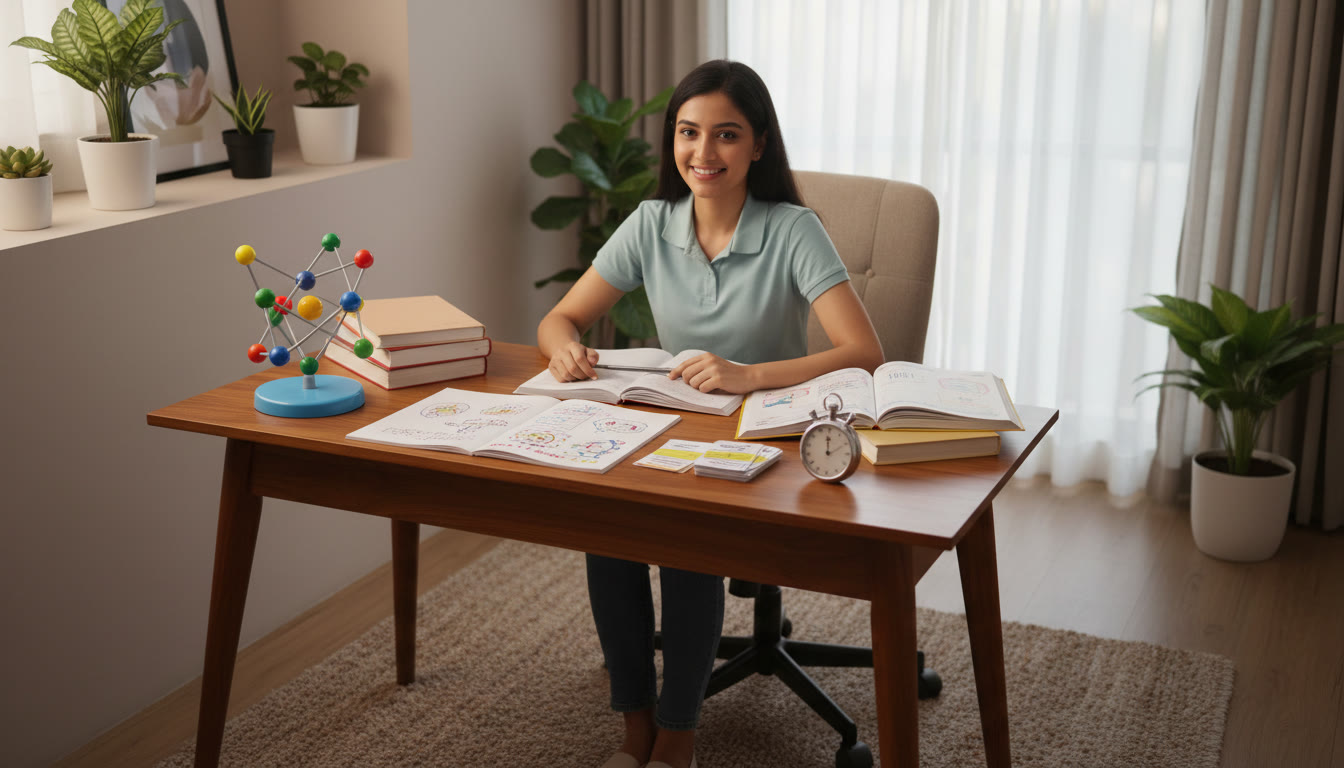 Photo Idea : A student at a desk with colourful notes, a labelled model of an atom, and a stopwatch for timed practice