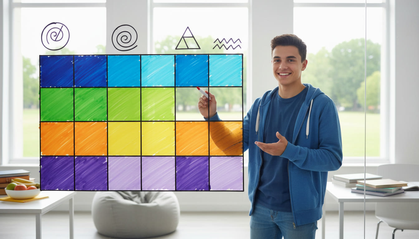 Photo Idea : A student planning on a whiteboard showing a 12-week timeline with color-coded blocks for EE, IA, TOK, and past-paper practice.