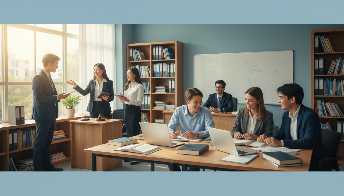Photo Idea : A diverse group of IB students in a bright study room, surrounded by books and laptops, practicing a mock trial and discussing notes