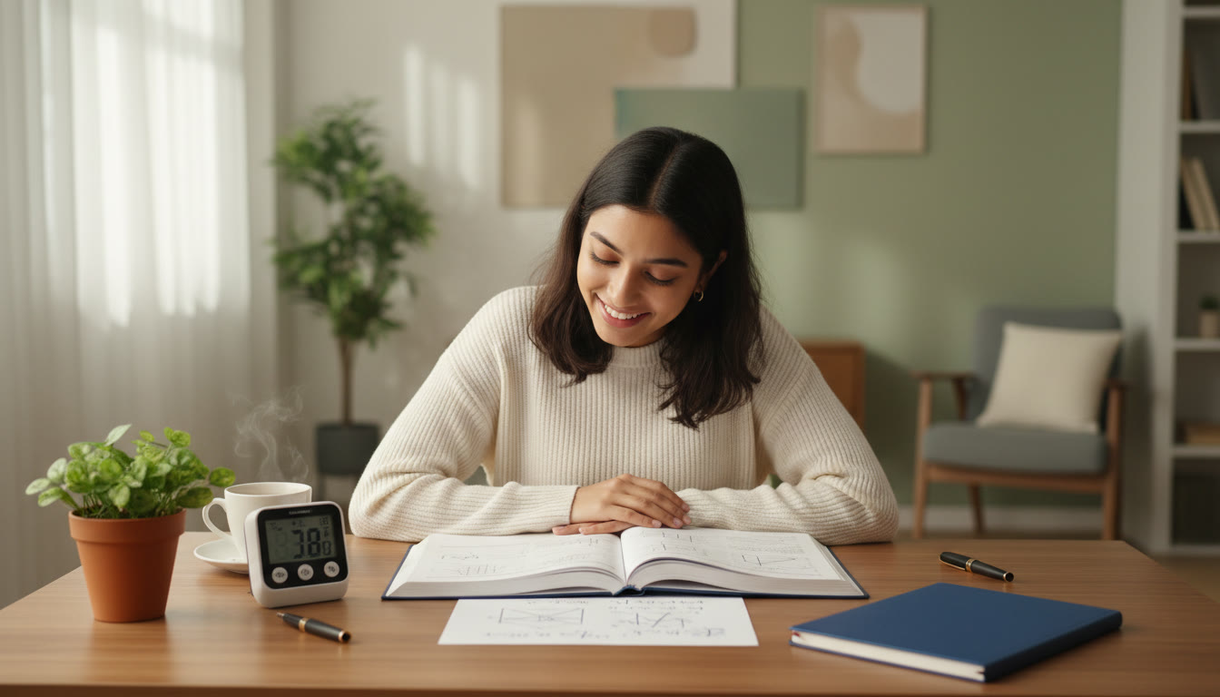 Photo Idea : a focused student at a study desk with textbooks, a timer, and a neat error-log notebook