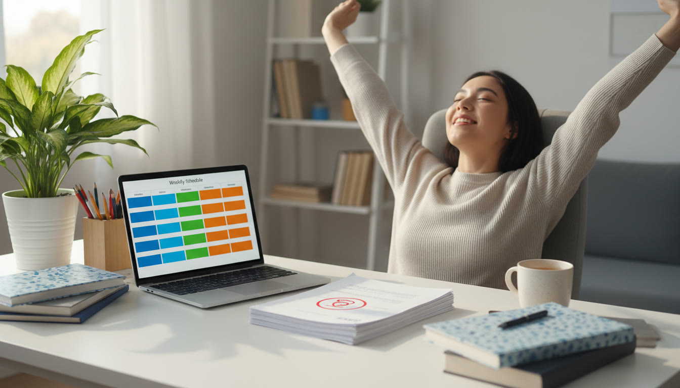 Photo Idea : Student at a tidy desk with a printed 
