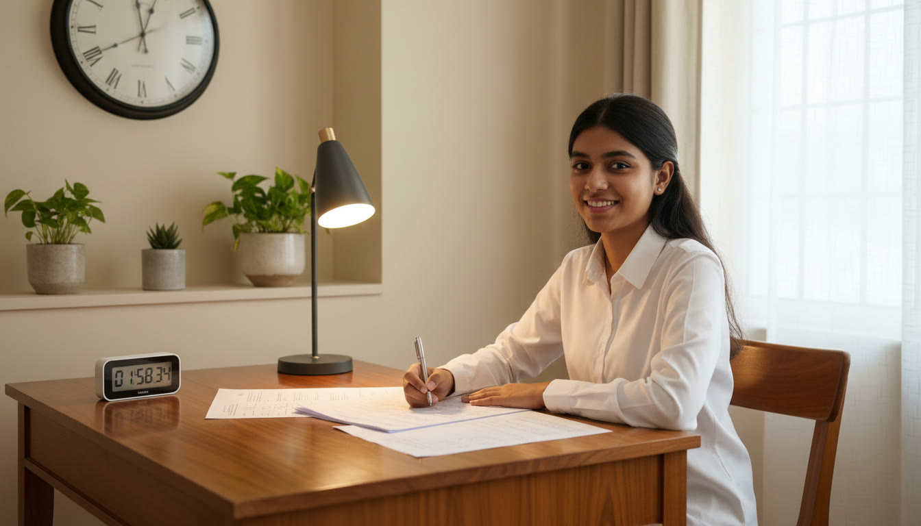 Photo Idea : A student taking a timed full-length mock test at a desk, with a clock and neatly arranged answer sheet.