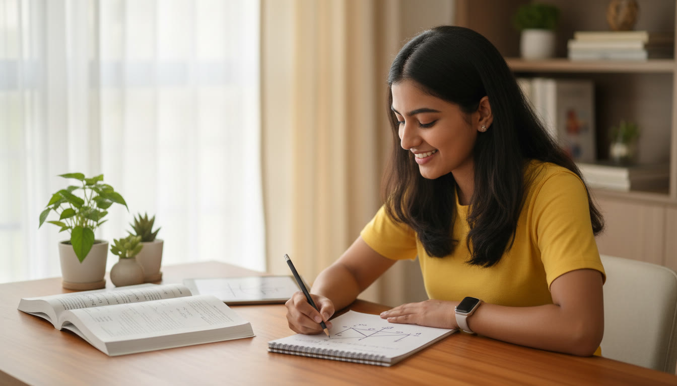 Photo Idea : A student practicing physics problems with a textbook open and a sketched diagram on paper