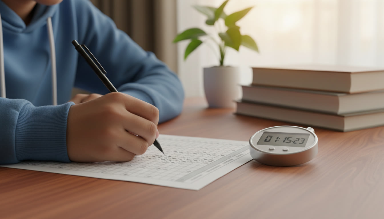 Photo Idea : Close-up of a student marking answers on a printed OMR-style sheet while using a stopwatch