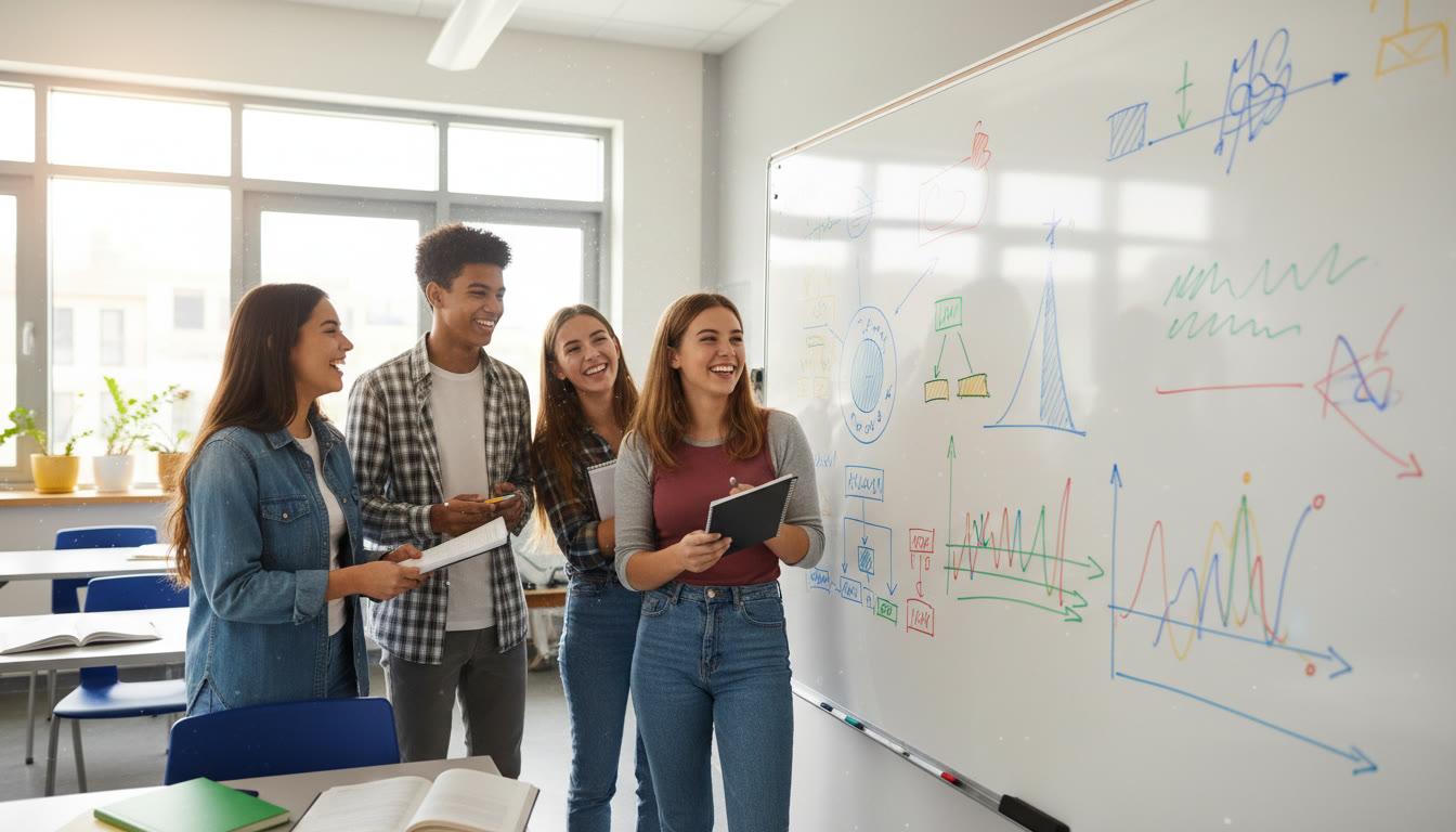 Photo Idea : A small group of students reviewing a whiteboard filled with a research plan and graphs, representing a school-based mini-study.