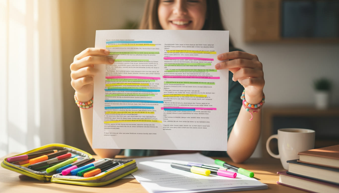 Photo Idea : annotated printed draft with coloured highlighter showing repeated passages