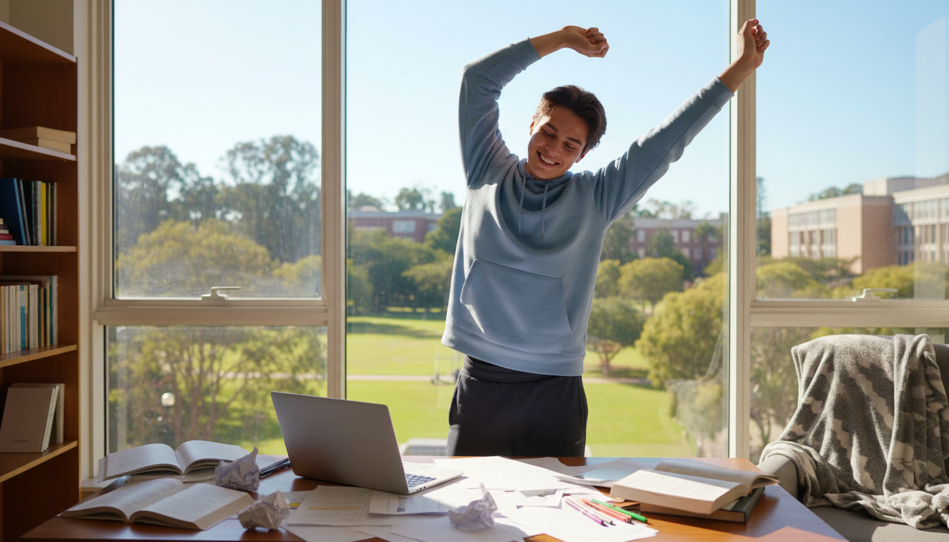 Photo Idea : a student closing a laptop and stretching near a window with scattered notes