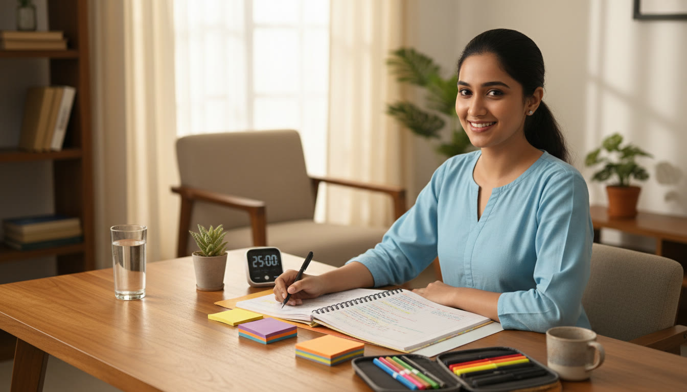Photo Idea : Student at a tidy desk with color-coded notes, a timer, and a full notebook open