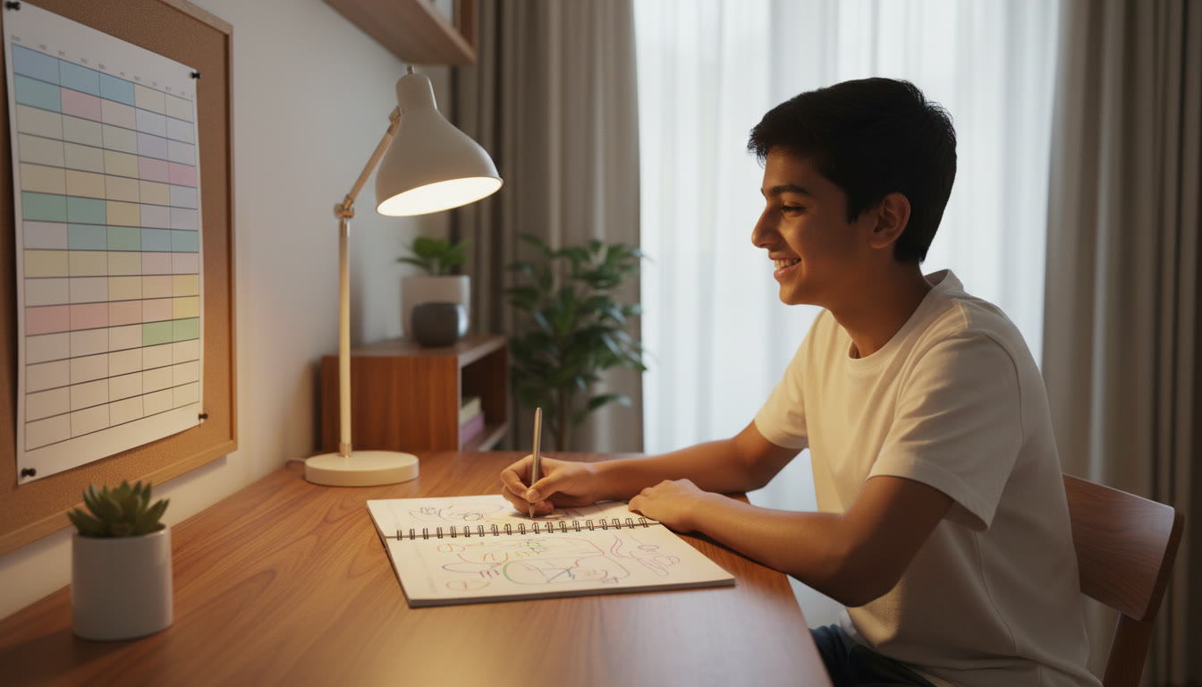 Photo Idea : A student at a study desk with a color-coded timetable, open notebook, and a warm desk lamp