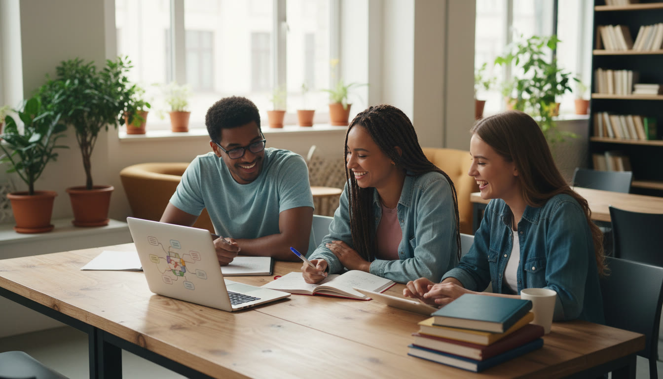 Photo Idea : a small group of students collaborating over a laptop and notebook in a bright study space