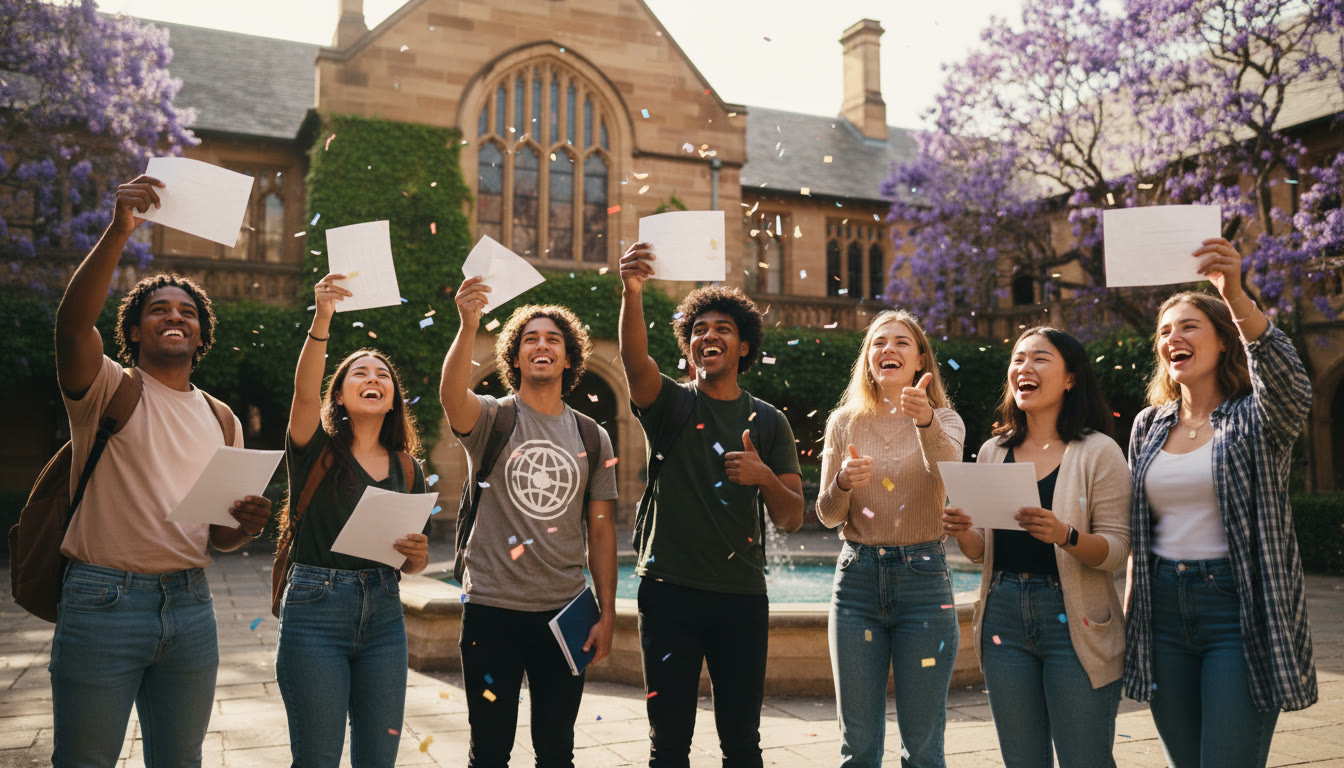 Photo Idea : A diverse group of IB students celebrating with acceptance letters in an Australian university courtyard