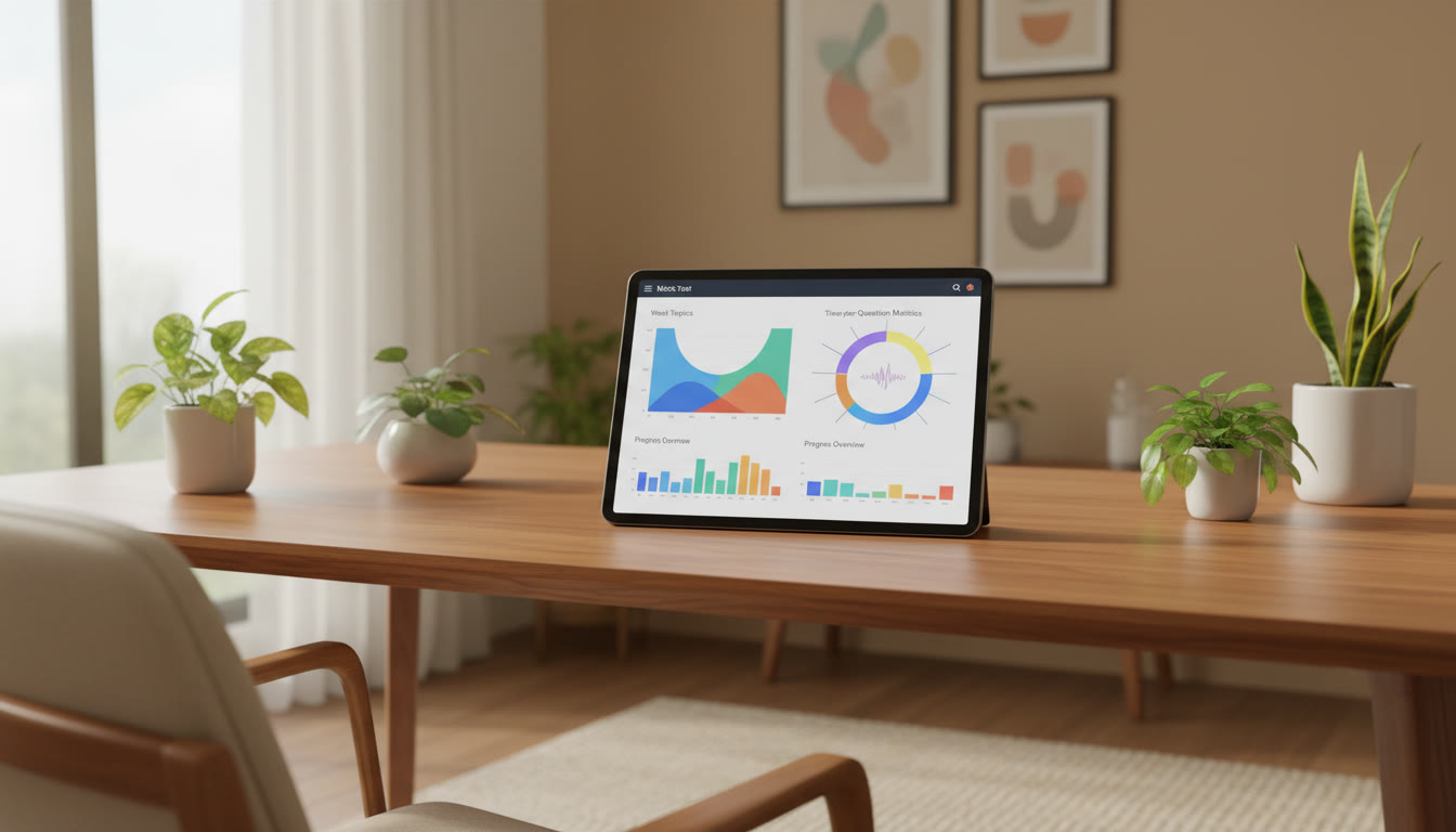 Photo Idea : a mock-test dashboard with charts showing weak topics and time-per-question metrics