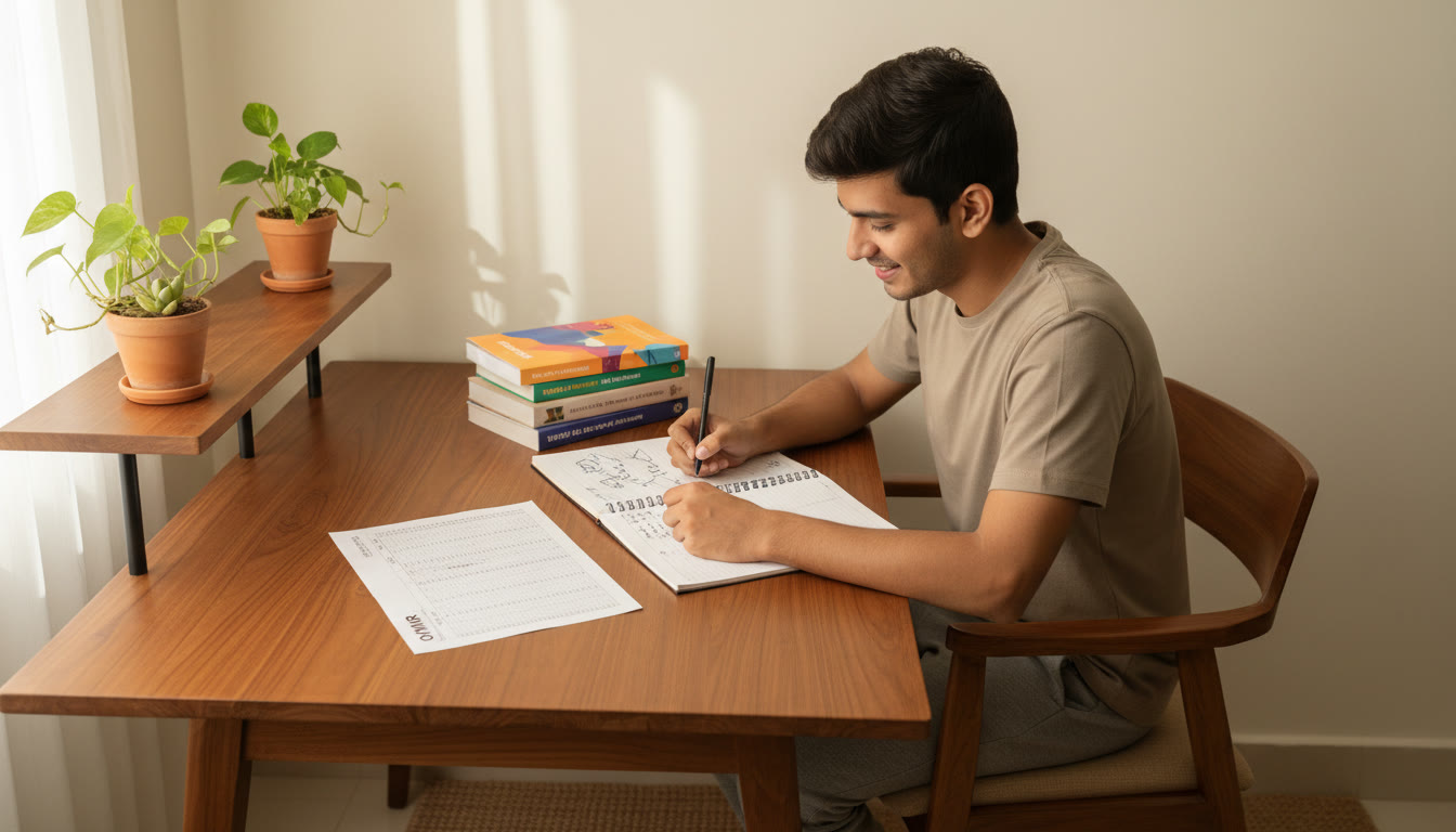 Photo Idea : Student sitting at a study desk, looking at an OMR sheet and notebook while jotting notes