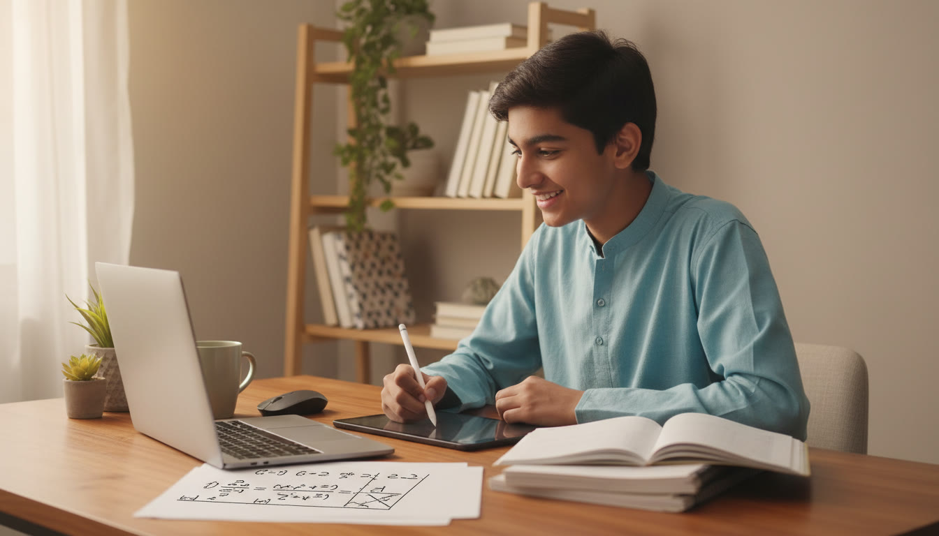 Photo Idea : A focused student at a tidy desk, laptop open to a practice test, with notebooks and a math formula sheet beside them.