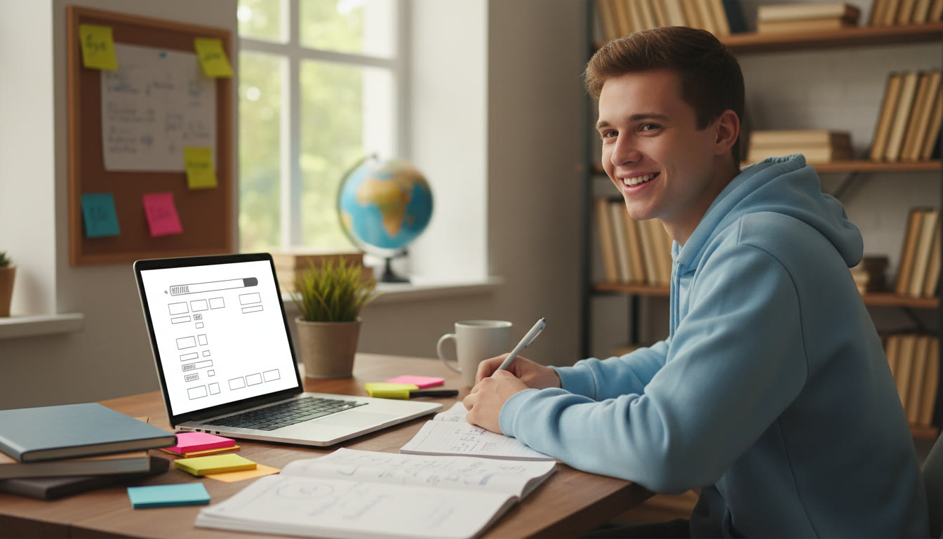 Photo Idea : A focused IB student at a desk with open notebooks, sticky notes, and a laptop showing a blank application form