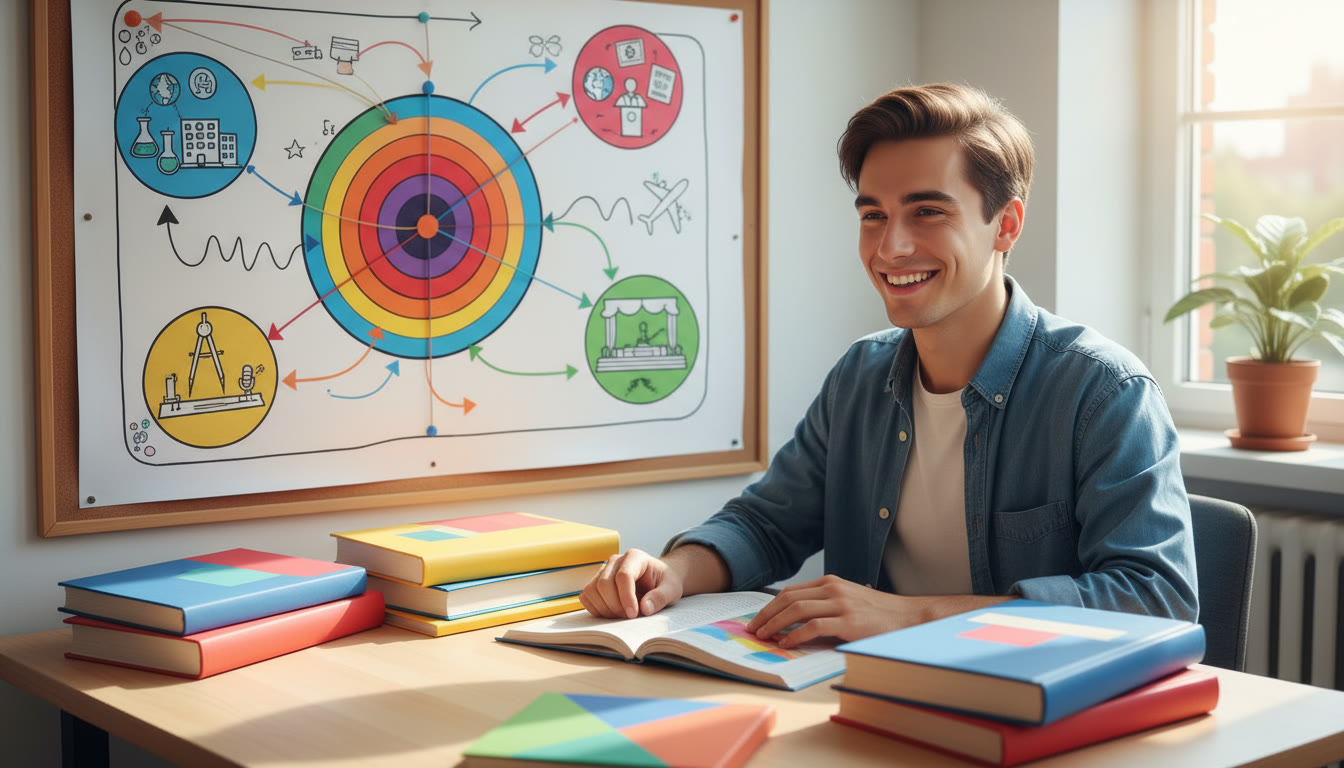 Photo Idea : An IB student at a desk surrounded by colorful subject books and a mind-map connecting subjects to career ideas