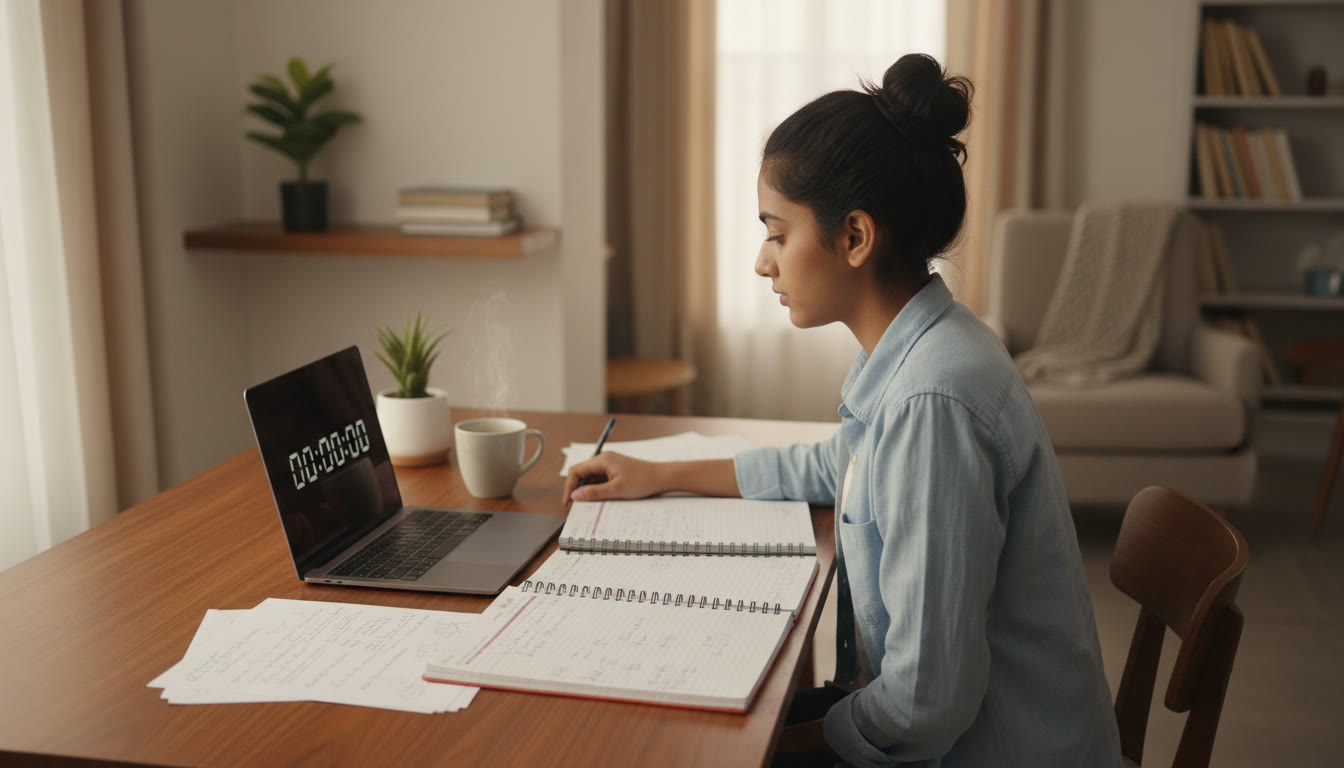 Photo Idea : A focused student at a tidy study desk with open notebooks, a laptop showing a countdown timer, and a cup of tea