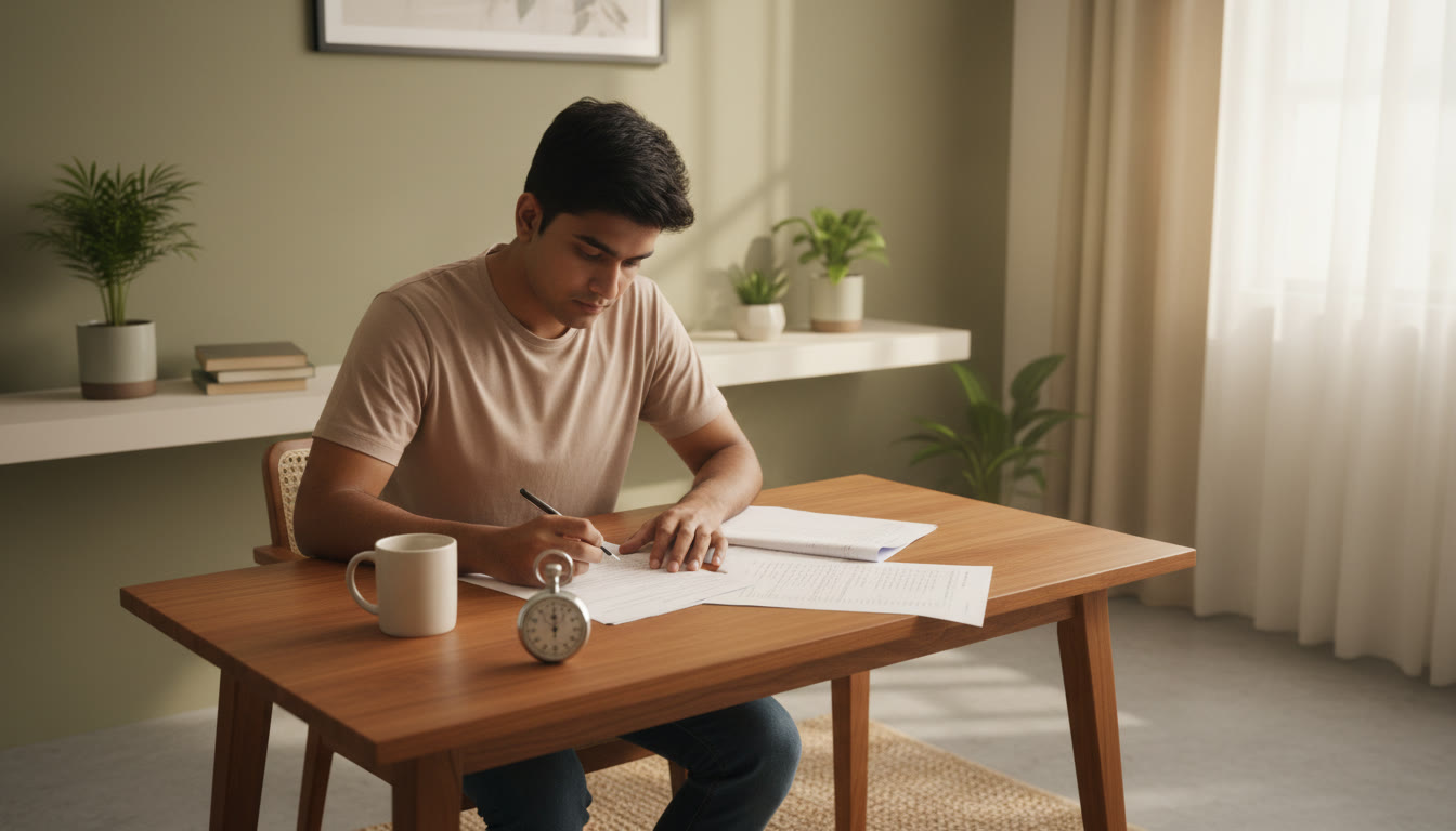 Photo Idea : Focused student taking a full-length mock test at a desk with a stopwatch and answer sheet