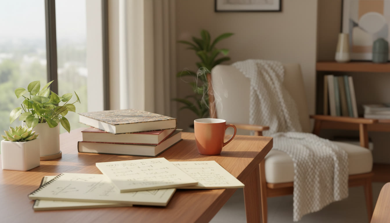Photo Idea : A neat study desk with ISC books, handwritten notes, and a cup of tea