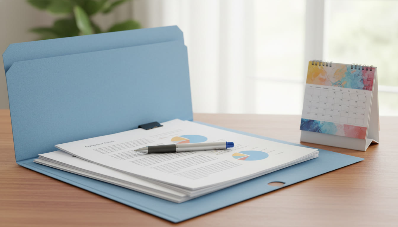 Photo Idea : A neat folder on a desk containing printed essays, a pen, and a small calendar