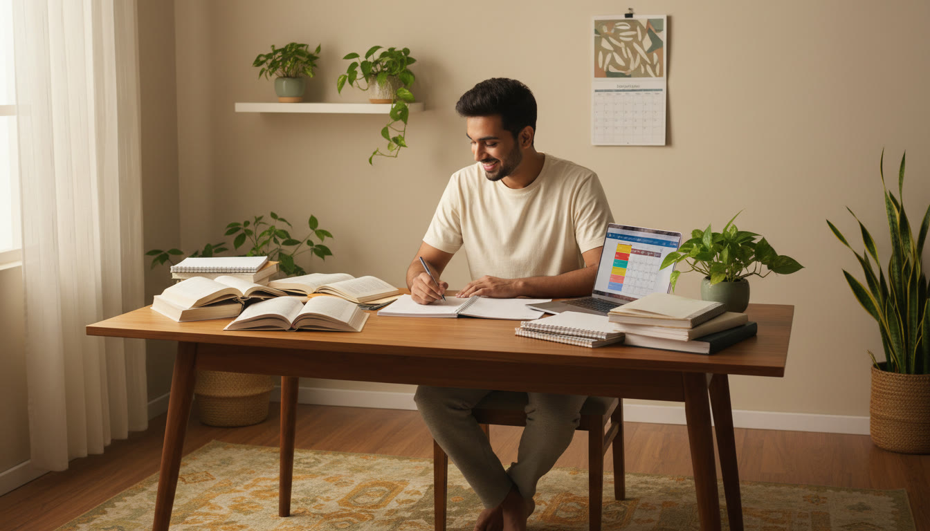 Photo Idea : Student surrounded by textbooks, a calendar, and a laptop, smiling while making a study plan