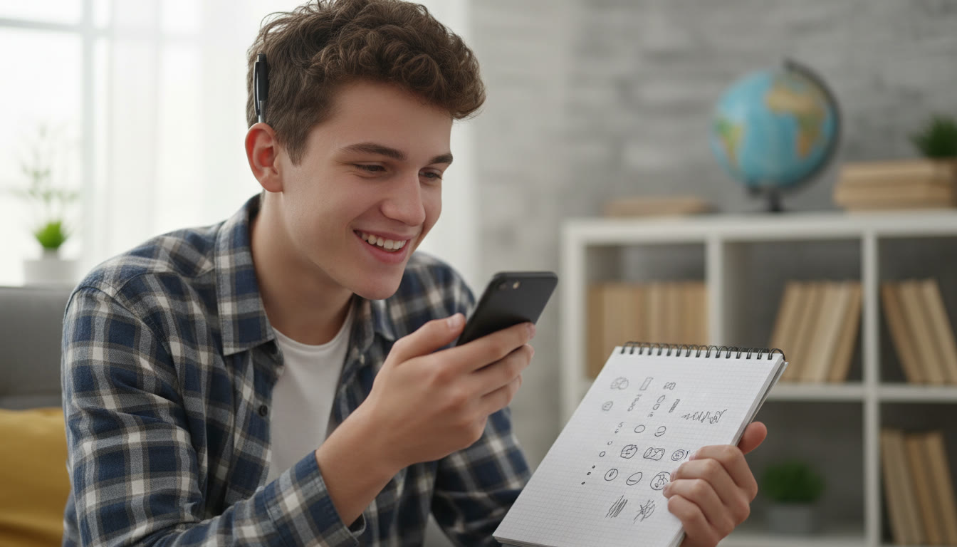 Photo Idea : Close-up of a student practising interview answers into a phone recorder with a notepad showing key bullet points