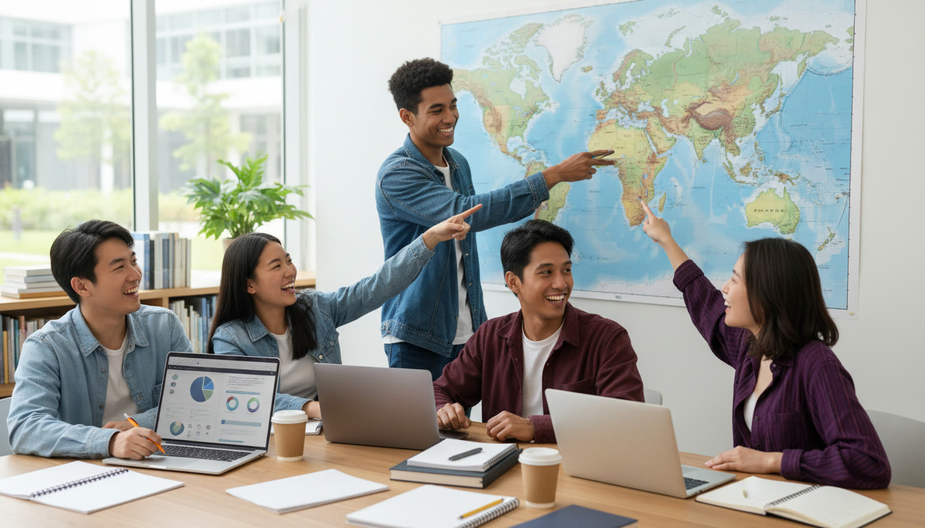 Photo Idea : Diverse IB students pointing at a world map with laptops and notebooks