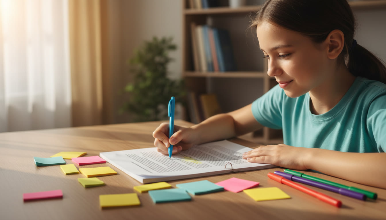 Photo Idea : A student at a desk quietly revising a printed Extended Essay with colored pens and sticky notes