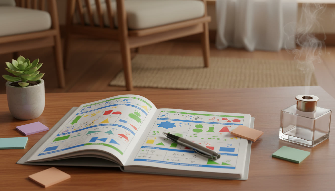 Photo Idea : Open notebook with color-coded formula sheet, sticky notes and a pen