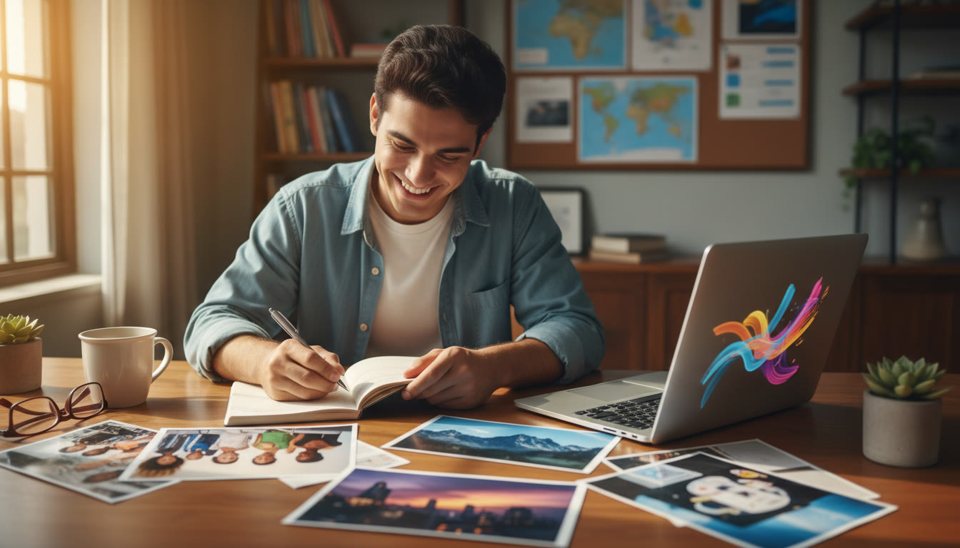 Photo Idea : a student writing a reflection in a notebook with a laptop and photos spread on a desk