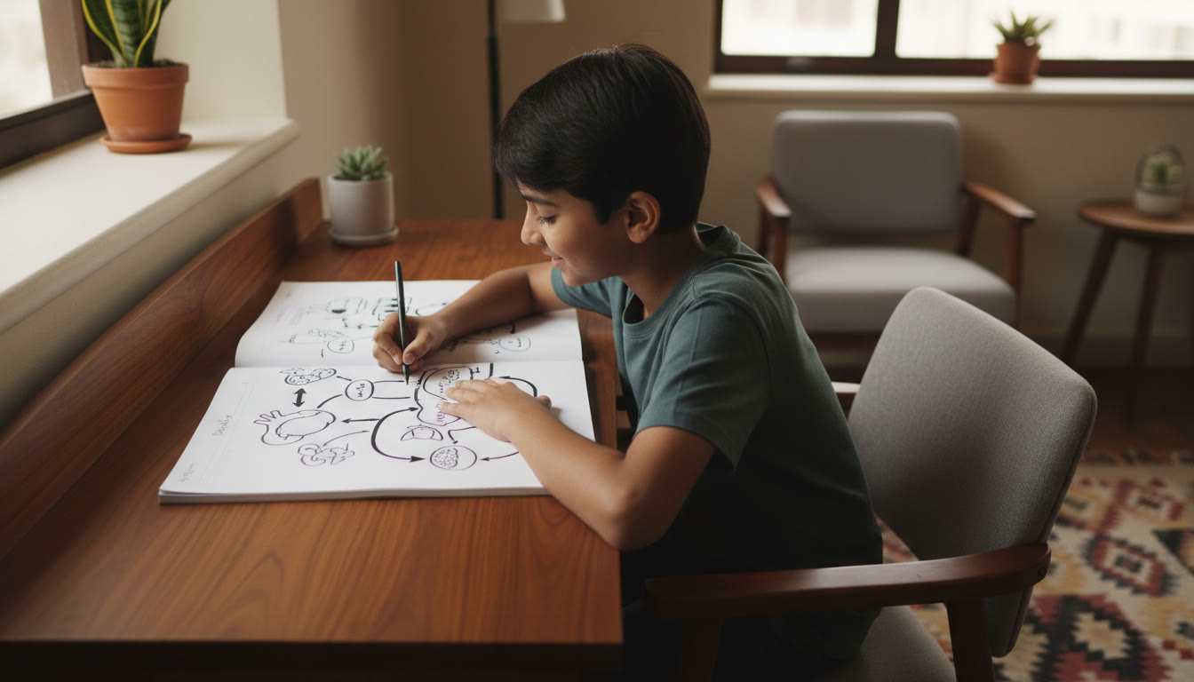 Photo Idea : Close-up of a student sketching a physiology diagram and annotating key cause-effect arrows