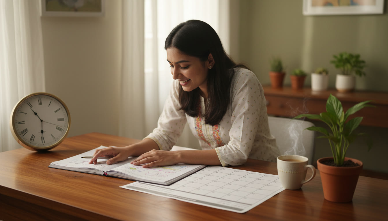 Photo Idea : a focused student at a wooden desk, spreading notebooks and a weekly planner while a clock and a cup of tea sit nearby