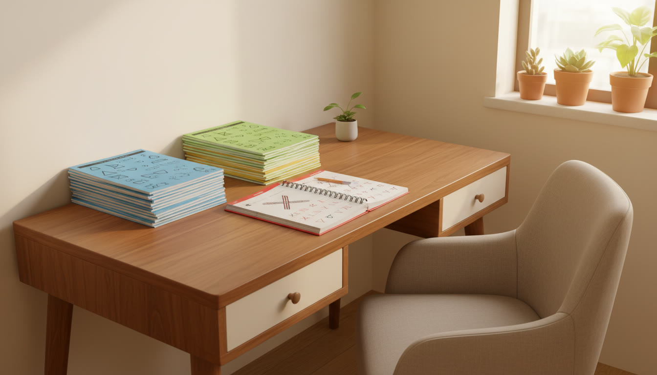 Photo Idea : A tidy study desk with color-coded summary sheets for Physics, Chemistry, and Mathematics and a visible error log notebook
