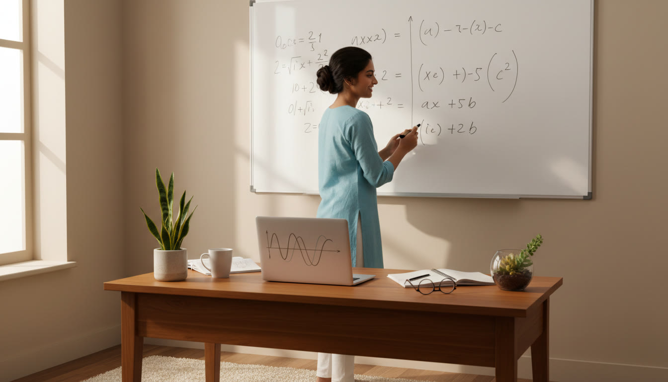 Photo Idea : a focused student solving equations on a whiteboard with scattered notebooks and a laptop displaying a graph